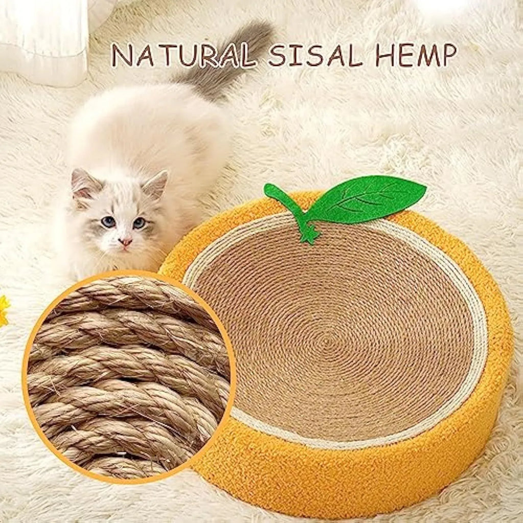 Yellow-orange round cat scratching board with sisal surface and concave centre bed measuring 390mm diameter