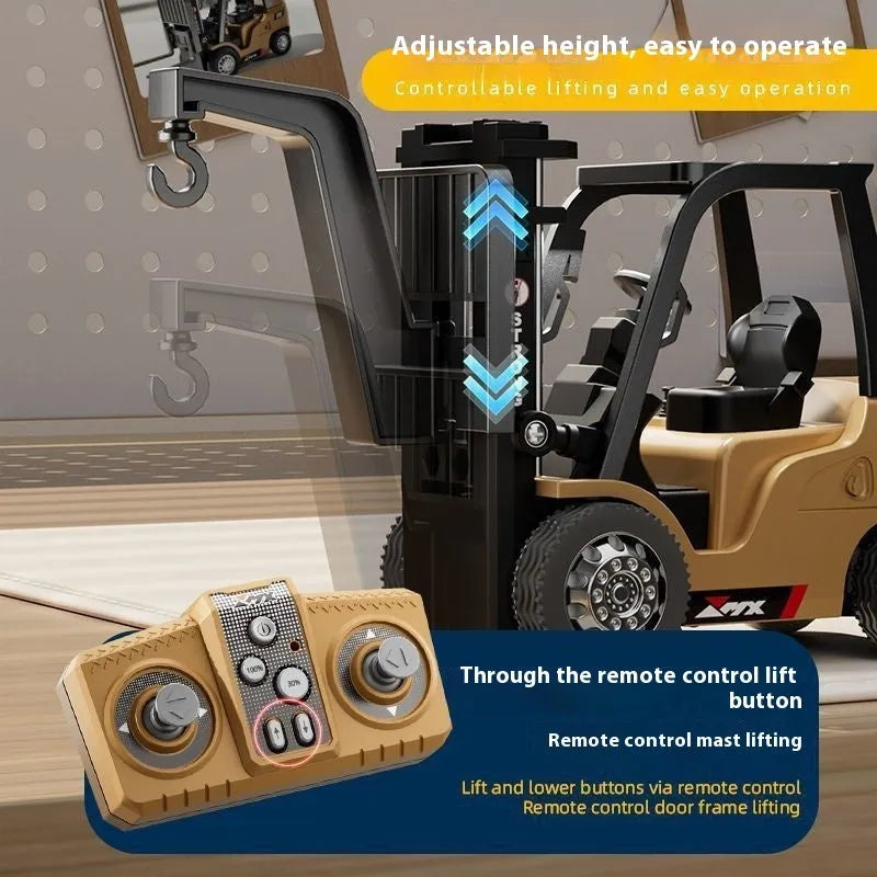 1:64 scale metal alloy remote control forklift model with mini remote, cargo hook, and pallet.