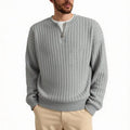 Men's grey half zip sweater with loose fit and textured knitted design