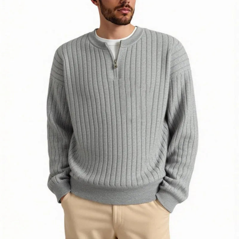 Men's grey half zip sweater with loose fit and textured knitted design