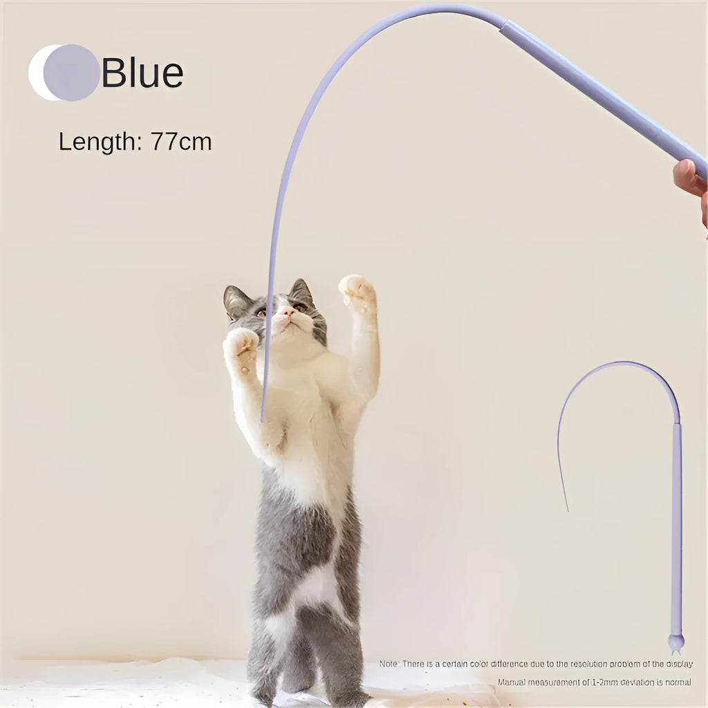 Blue silicone mouse tail cat teaser toy with cat head design measuring 80cm length