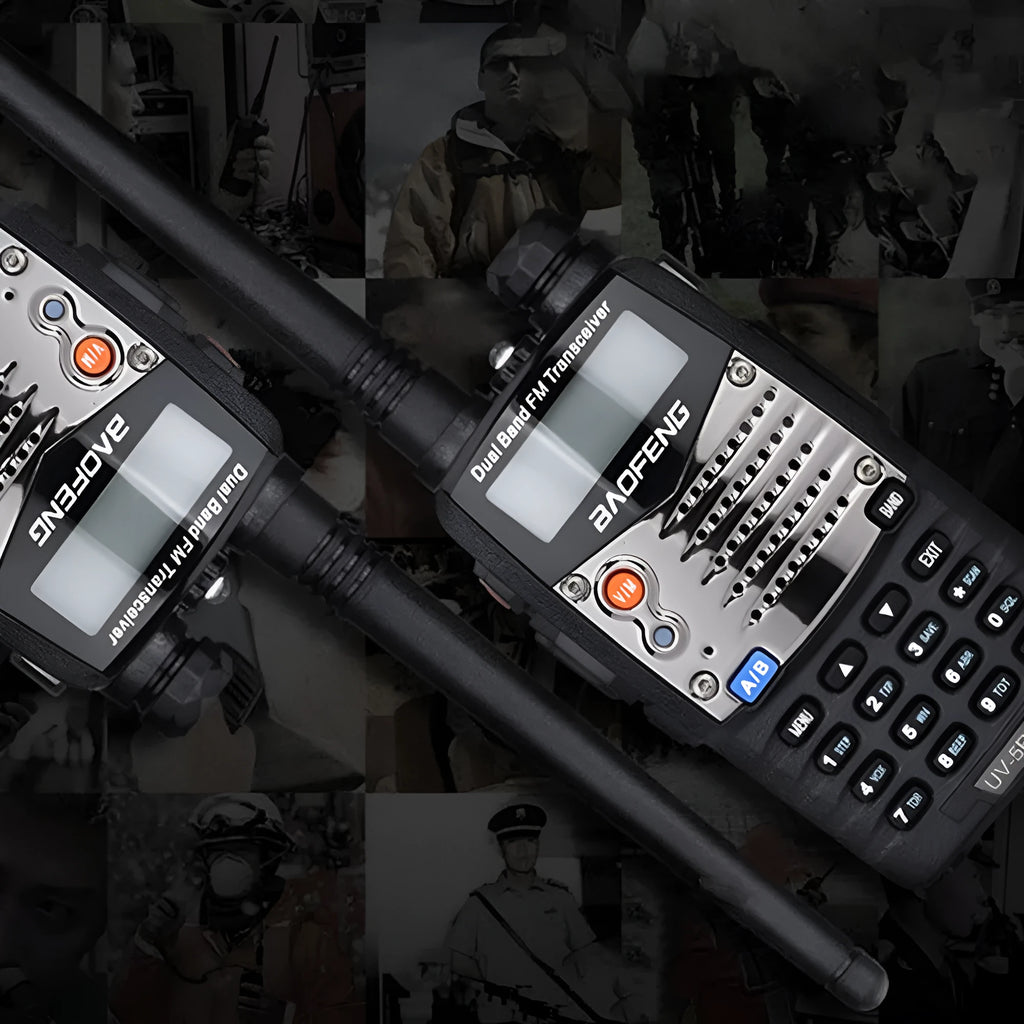 Baofeng UV-5RA black handheld dual-band transceiver with dual display screen and antenna.