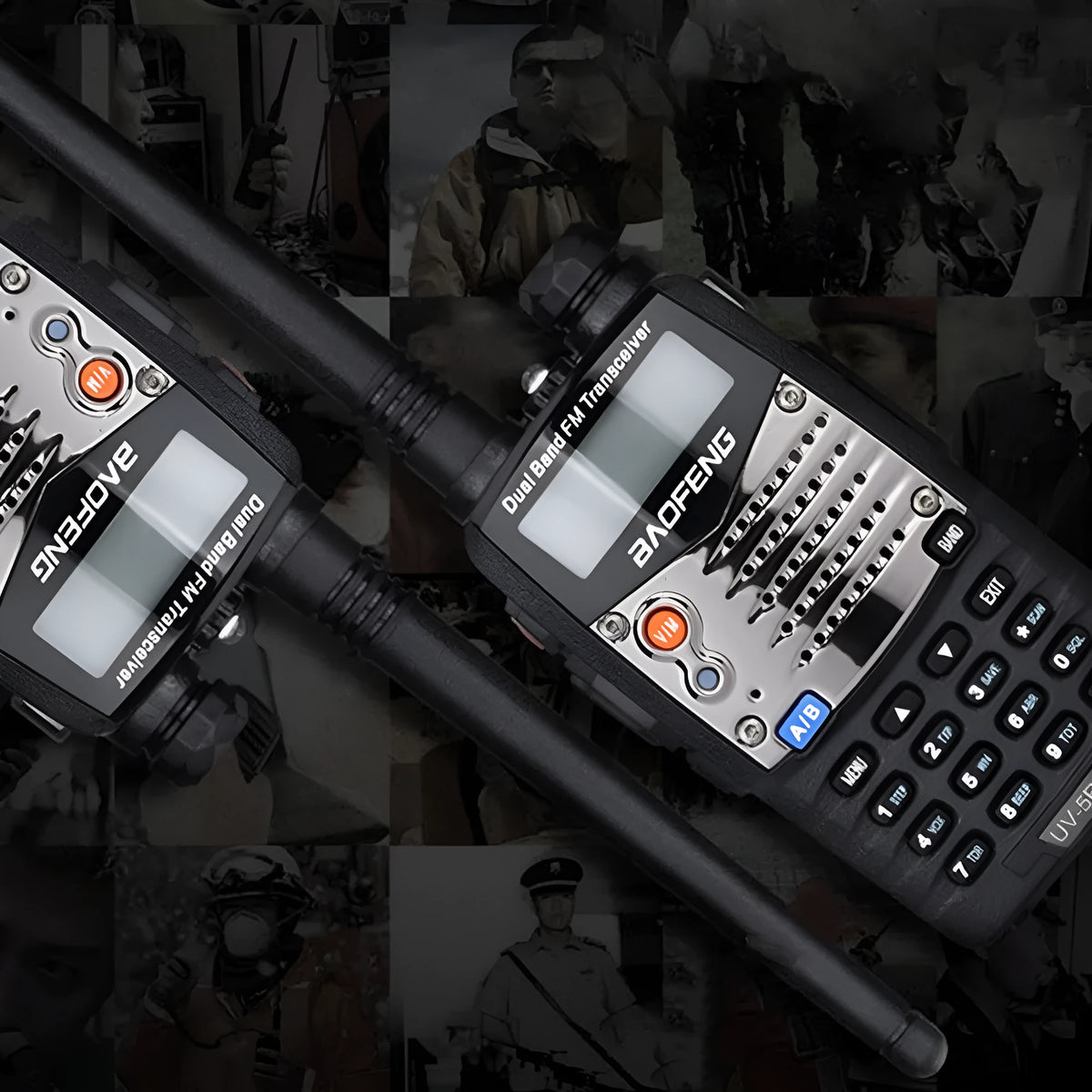 Baofeng UV-5RA black handheld dual-band transceiver with dual display screen and antenna.
