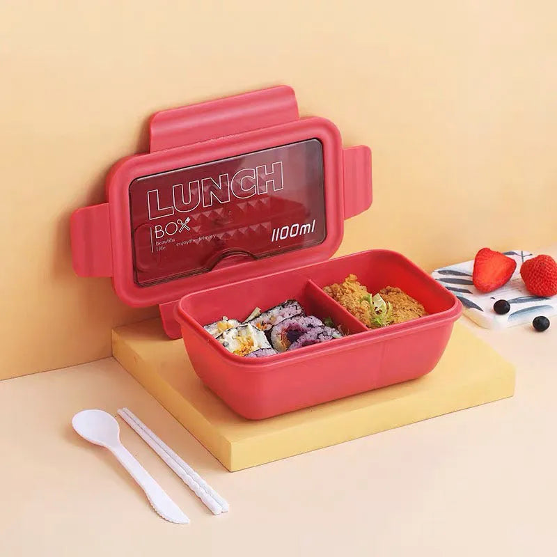 Four-layer plastic bento lunch box with Nordic design in green, red, or yellow colours