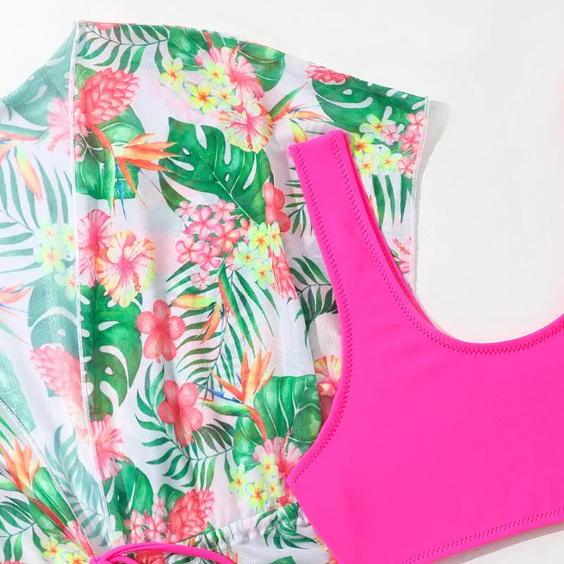 Girls' floral two-piece swimsuit set with matching overclothes in Korean style