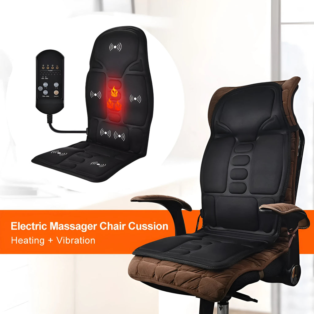 Black electric cervical massager with wireless remote control showing three speed settings and Bluetooth connectivity
