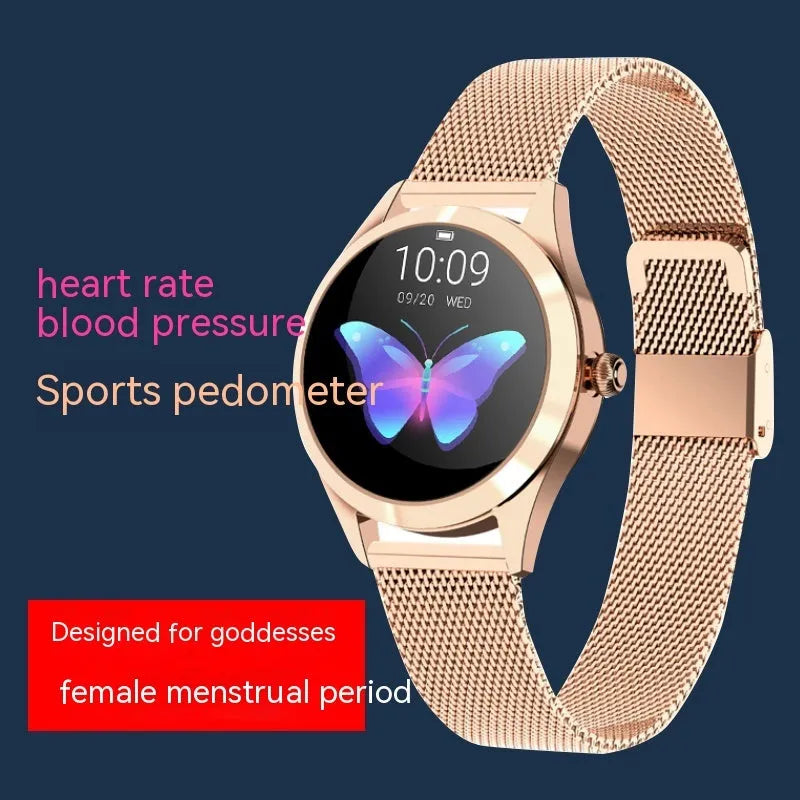 Women's multi-functional sports smartwatch in rose gold showing heart rate monitor and waterproof fitness features