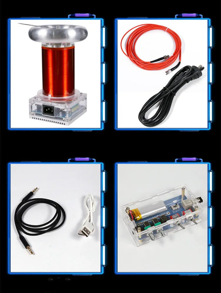 Tesla coil driver board unit with 3.5mm audio port, showing dimensions 100x115x205mm.