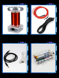 Tesla coil driver board unit with 3.5mm audio port, showing dimensions 100x115x205mm.