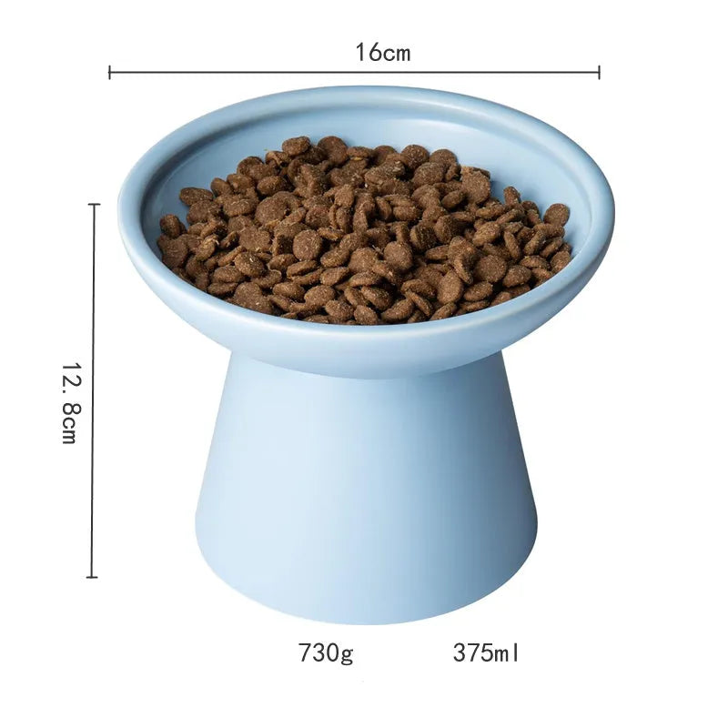 Ceramic elevated cat food bowl with wide shallow 16cm design in blue colour