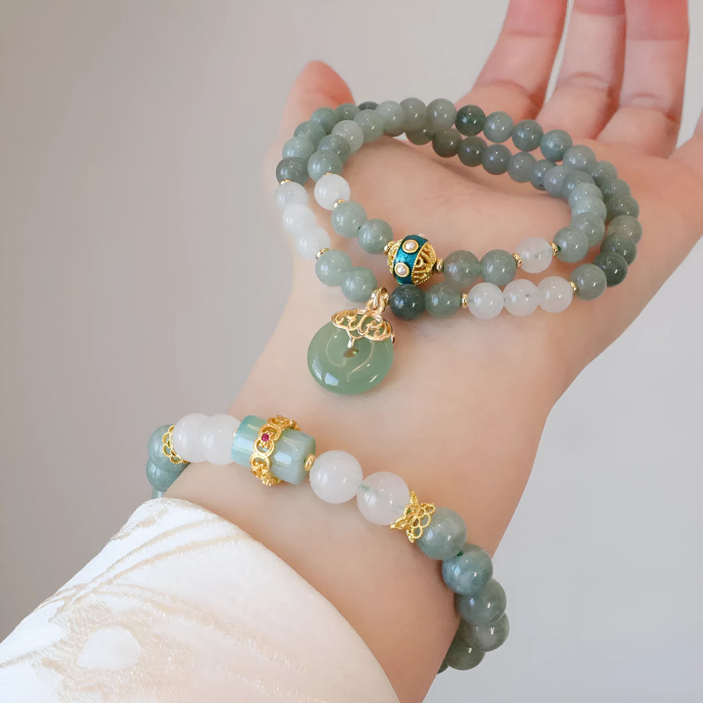 Women's New Chinese style bracelet with Myanmar jade components, safety buckle pendant, and geometric lucky bead design