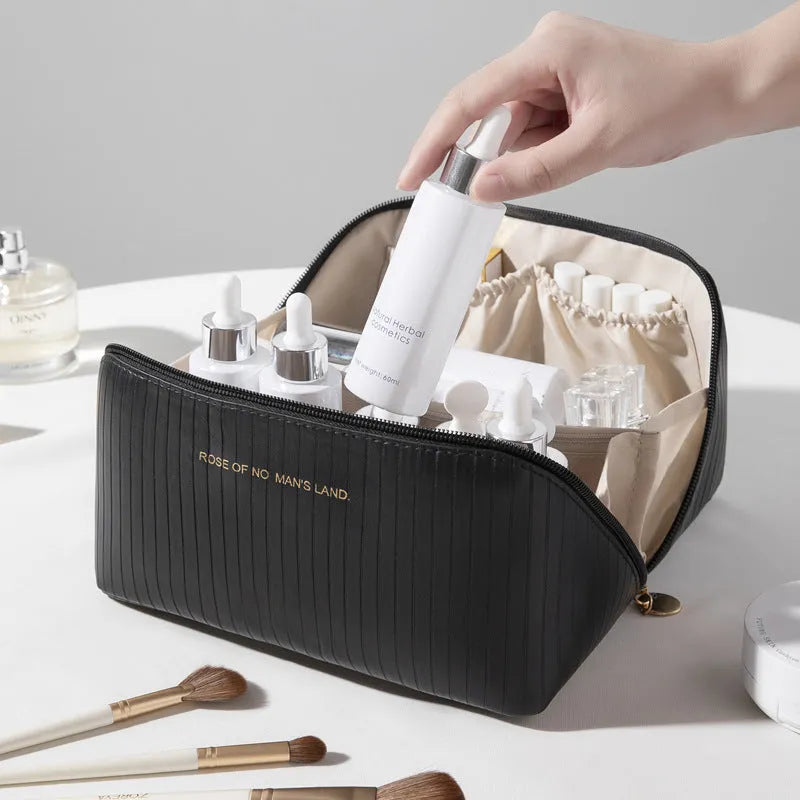 Vertical pattern pillow makeup bag in cubic shape with PU leather construction