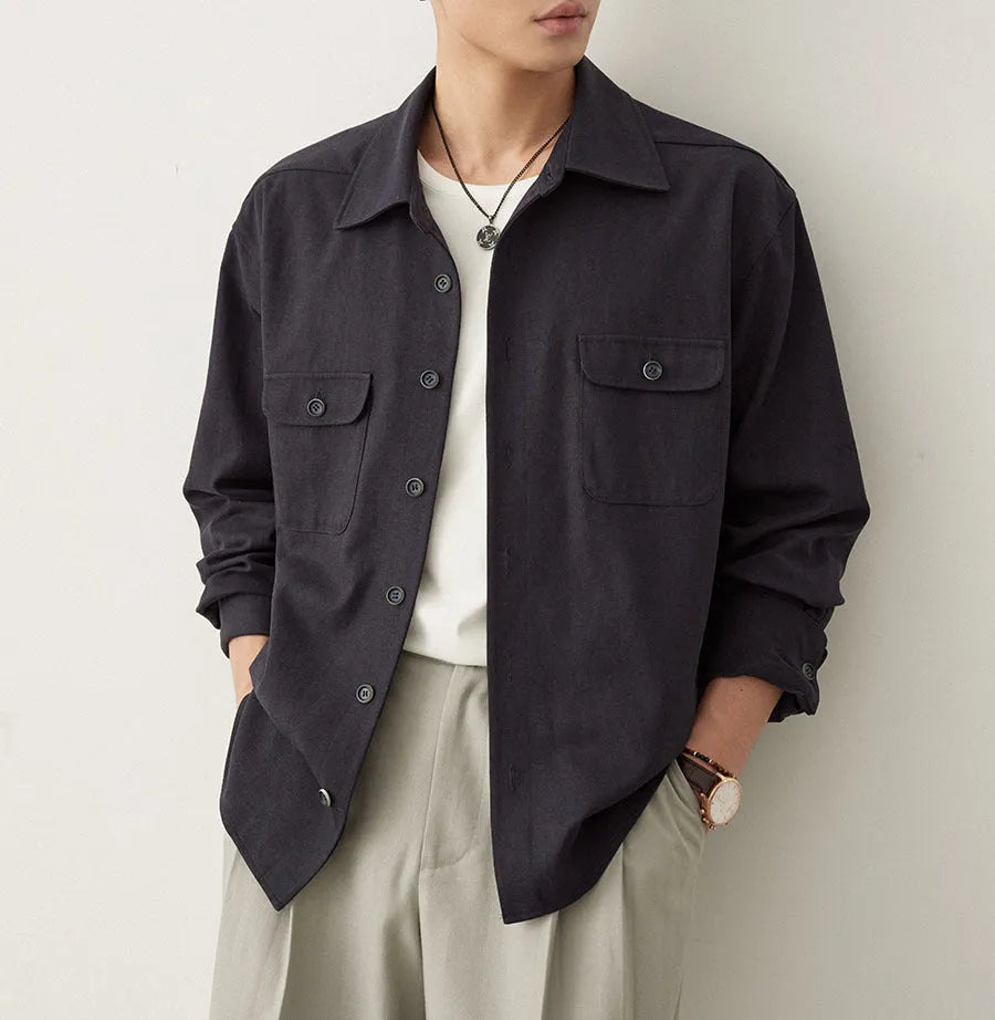 Men's cotton blend long sleeve shirt with simple lapel in light sand rice colour