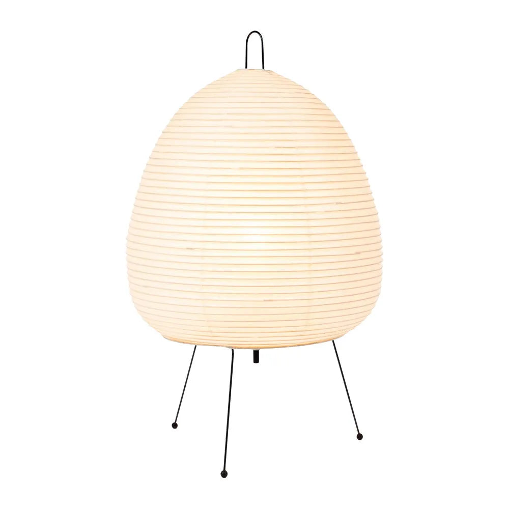Japanese style rice paper table lamp with handmade shade and aluminium base on wooden surface