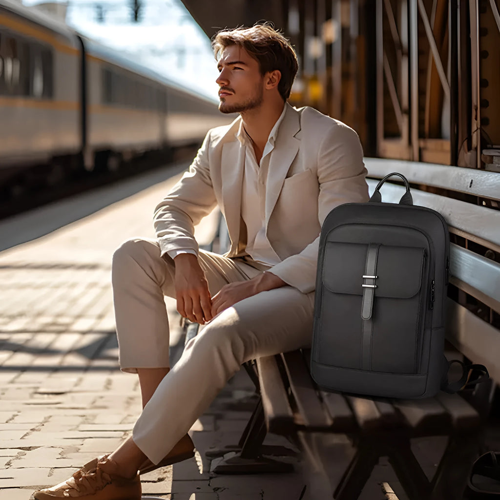 Black urban commuter backpack with Oxford cloth construction for business travel