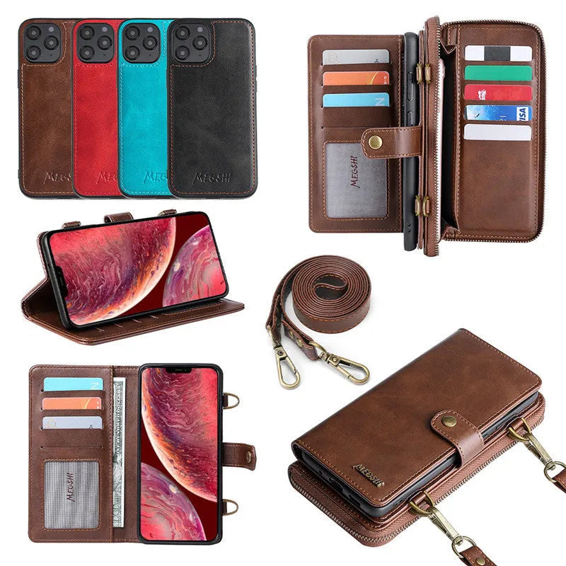 Black leather-style flip phone case with a detachable card wallet attached via strong adsorption.