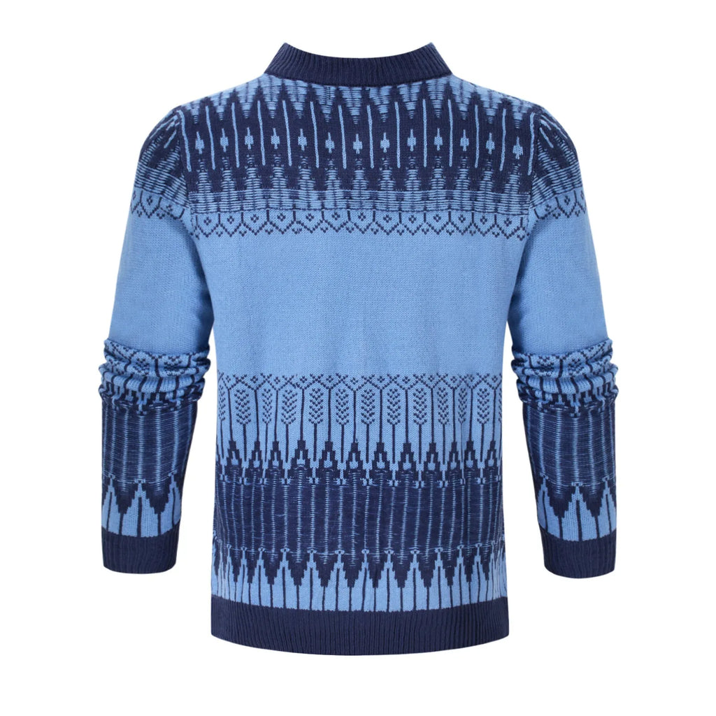 A men's long-sleeved knitted pullover sweater shown in one of five available styles.