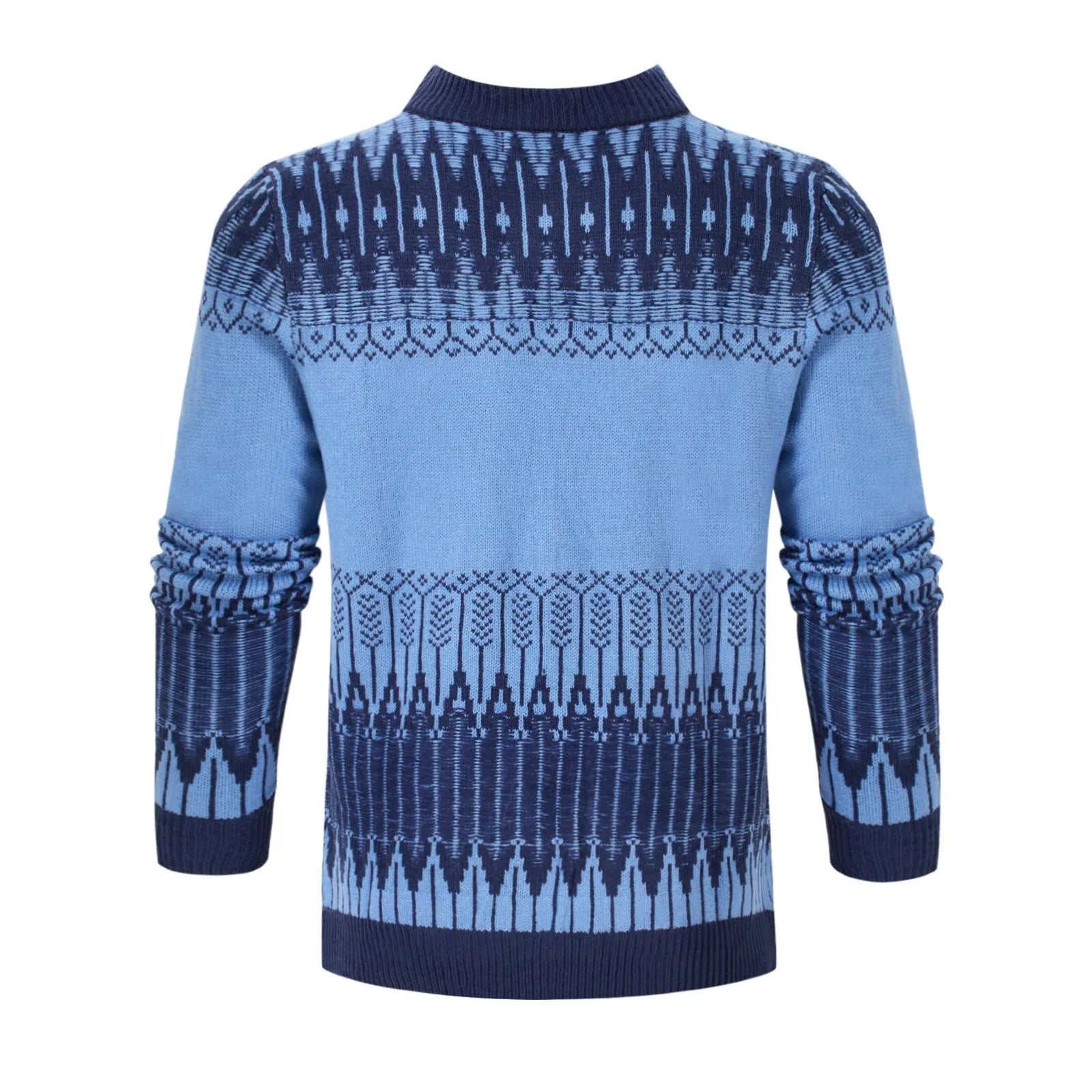 A men's long-sleeved knitted pullover sweater shown in one of five available styles.