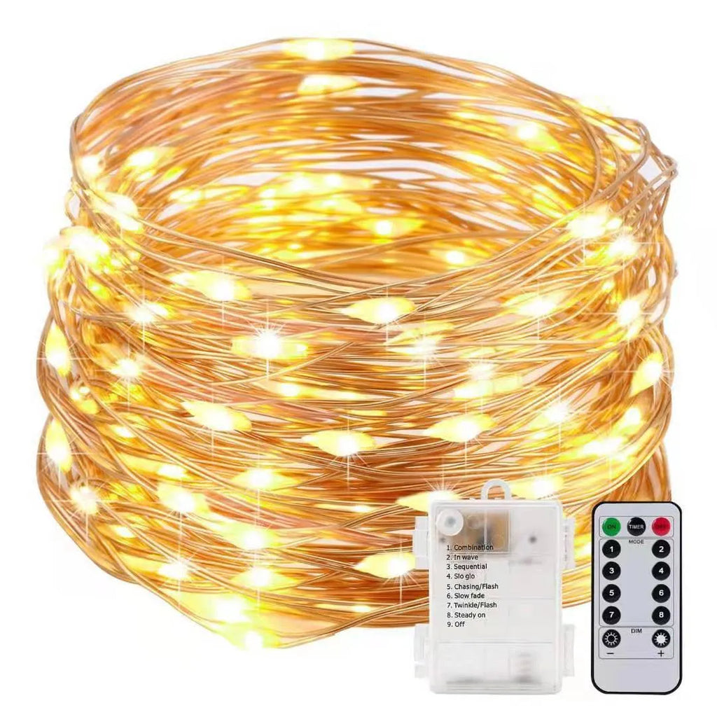 12-metre long copper wire LED string lights with small bulbs, connected to a white battery box controller.