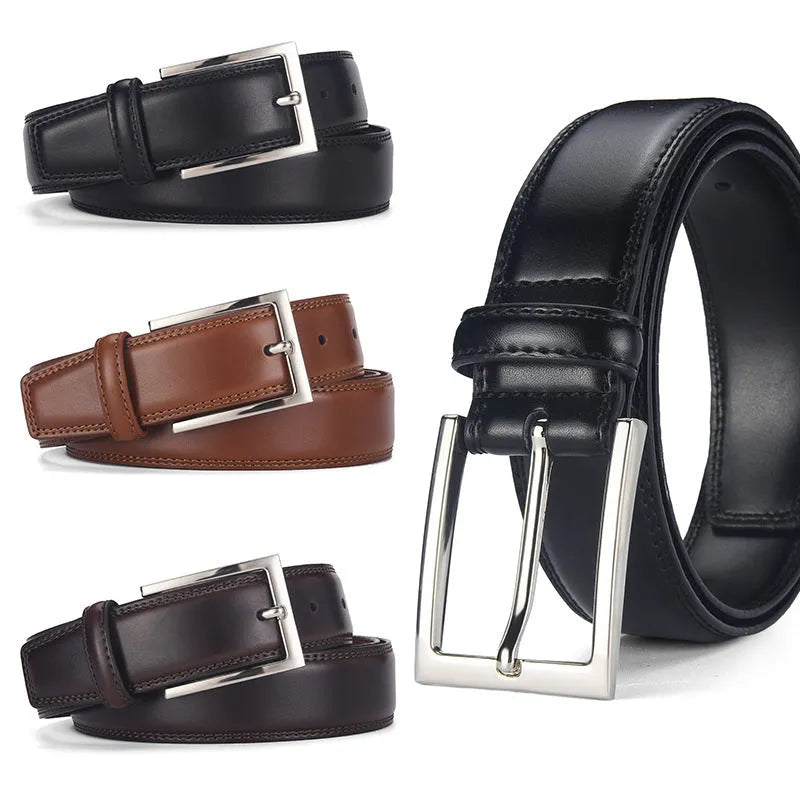Men's genuine two-layer cowhide leather belt with alloy pin buckle in classic black or brown