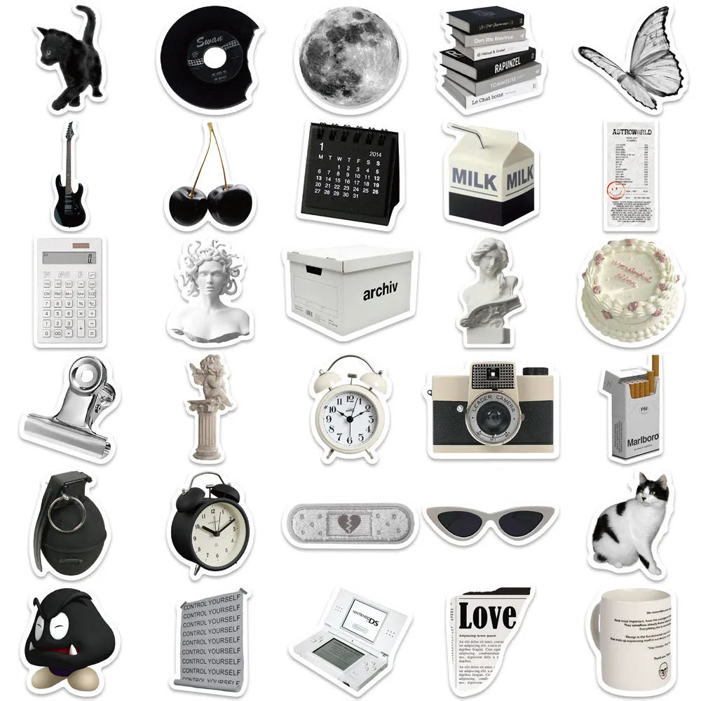 Black and white waterproof vinyl stickers pack with 61 pieces for laptop cup phone decoration