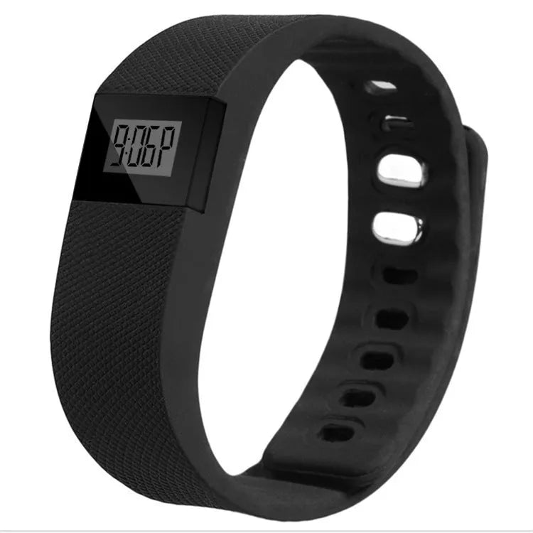 Bracelet pedometer watch in various colours showing digital display tracking steps, distance, calories, and time