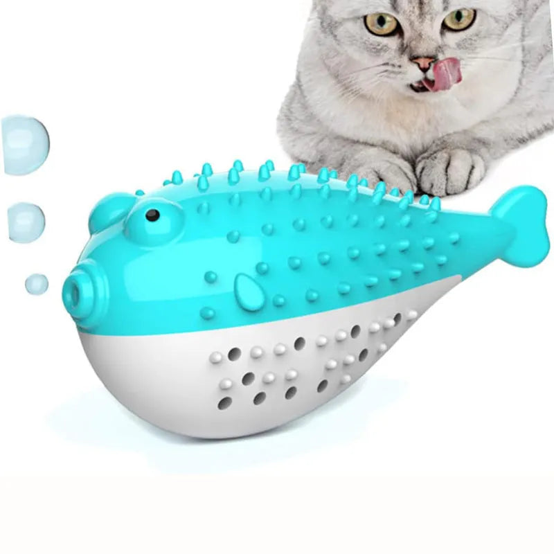 Blue silicone fish chew toy for cats with dimensions 12.2 x 4.9 x 5.8 cm