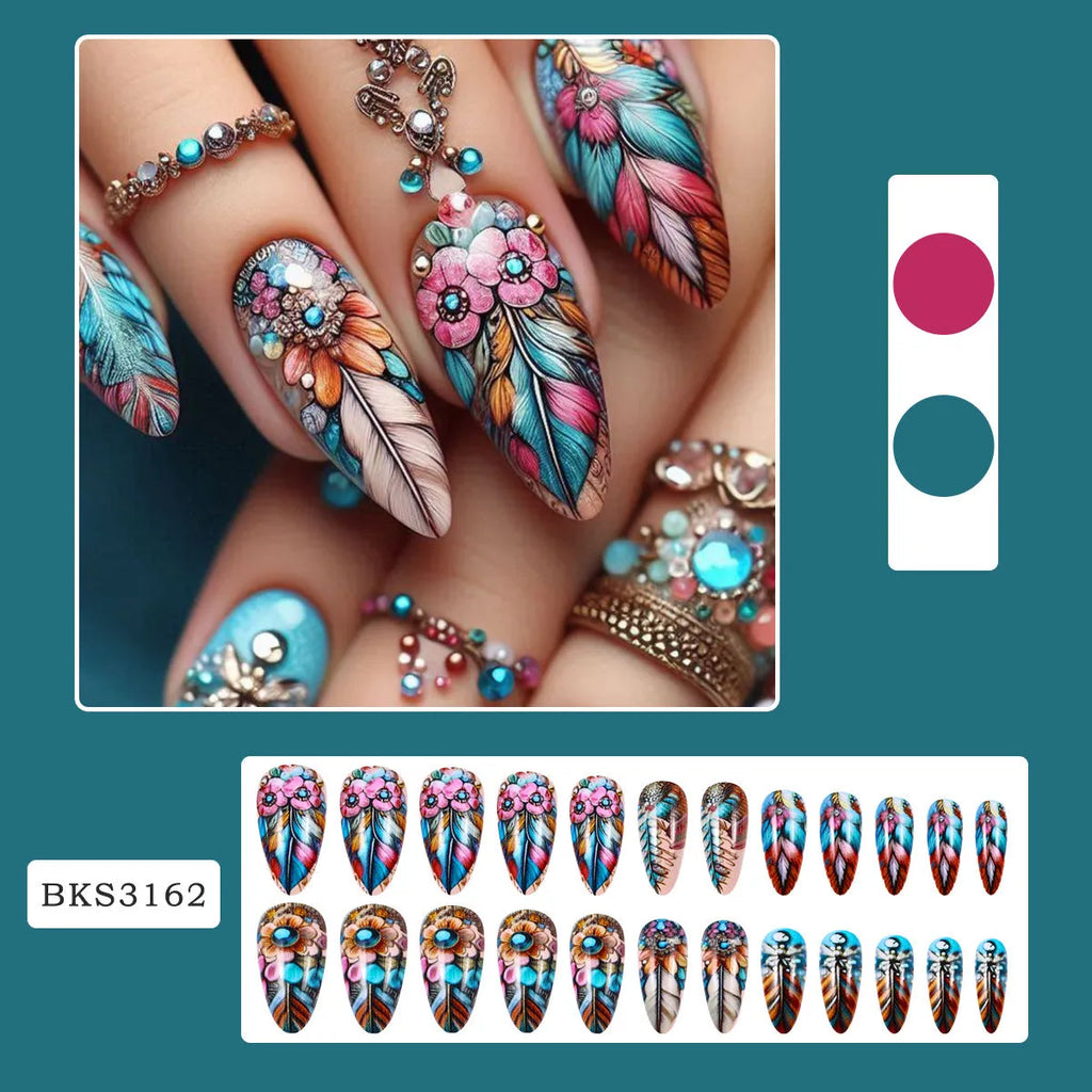 Retro nail art set with coloured plastic feather wear armour in butterfly, flower, and heart patterns
