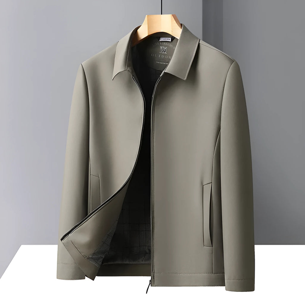 Men's solid colour casual jacket with polo collar and side seam pockets in polyester fabric