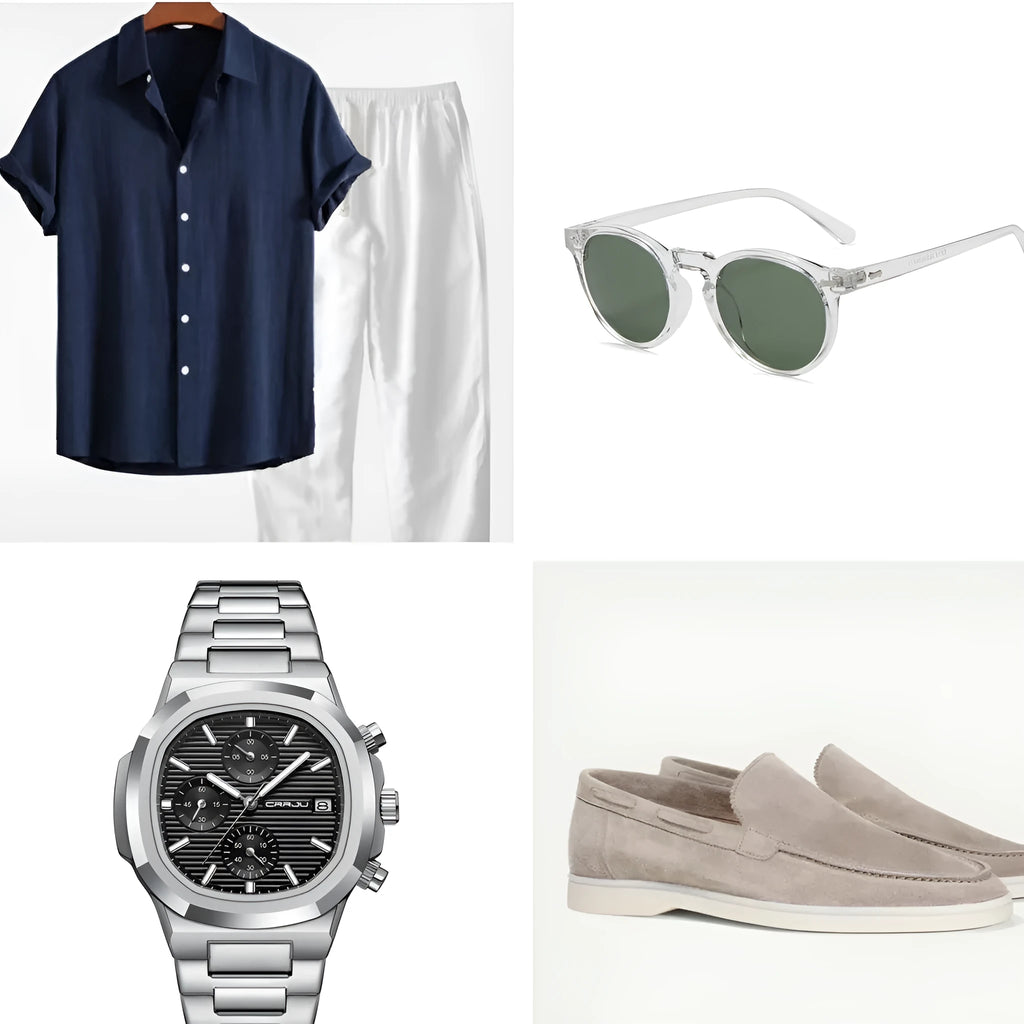 Casual loose fit beachwear short sleeve suit in cotton linen fabric with matching trousers and accessories
