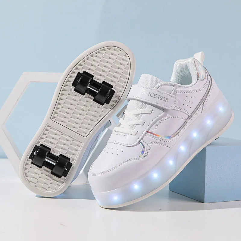 Charging flash rollerskates with LED lights in black, pink, purple, and white colours