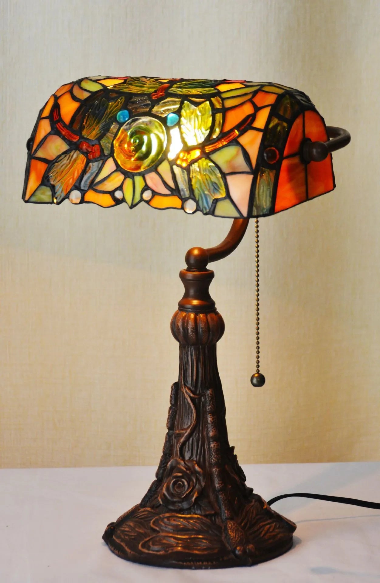 10-inch Tiffany table lamp with stained glass resin base on desk surface