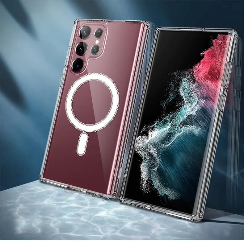 Transparent MagSafe magnetic phone case for Samsung smartphones showing magnetic ring and clear TPU material
