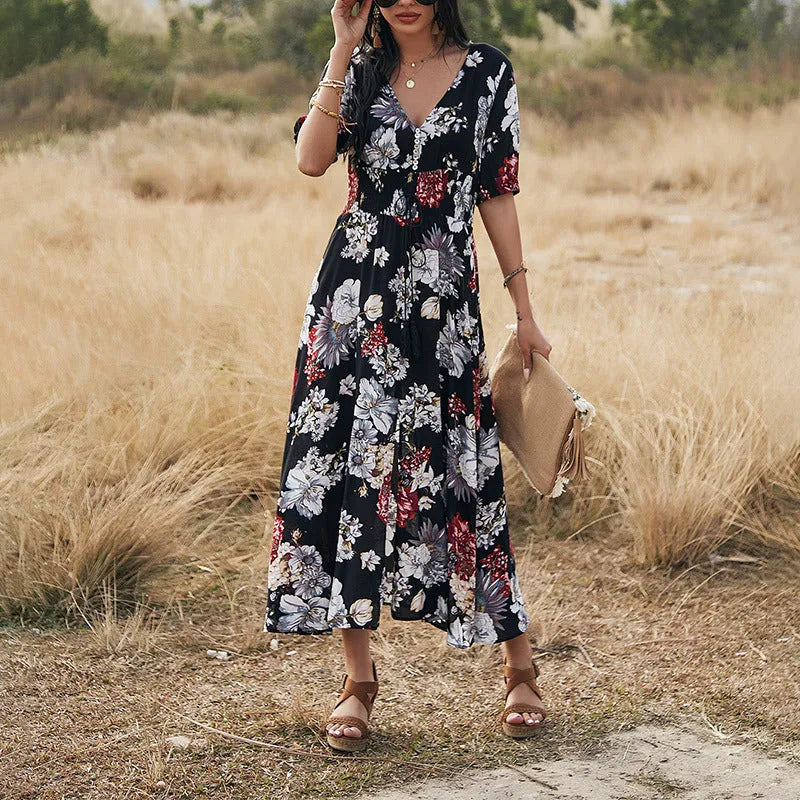 Women's floral summer beach dress with V-neck and high waist in yellow black or blue mid-length print