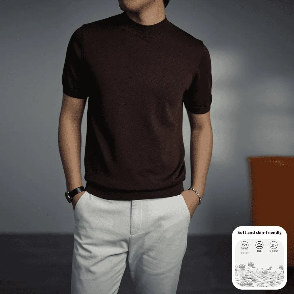 Men's solid colour knitted T-shirt with round neck and short sleeves in business gentleman style