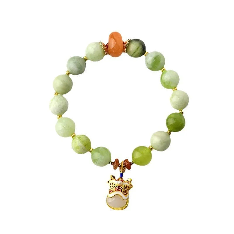 Green milk-in-water jade bracelet with 10mm geometric pendant in retro Xingshi design