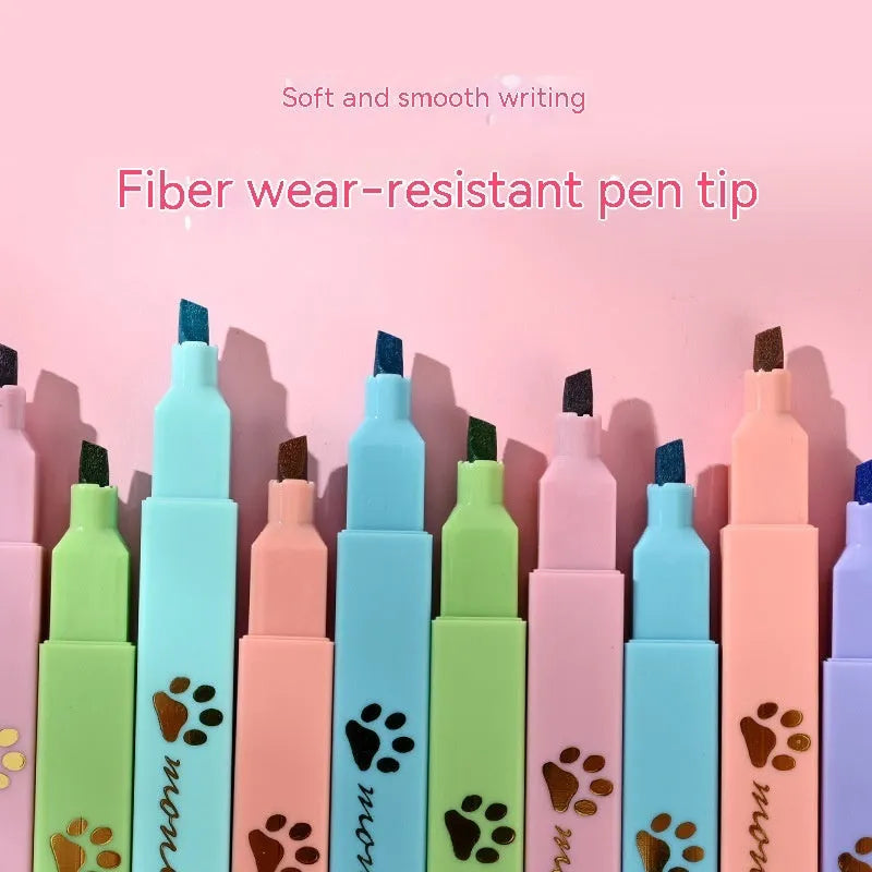 Cat's Paw set of six fluorescent marker pens with oblique nibs in a plastic storage case.