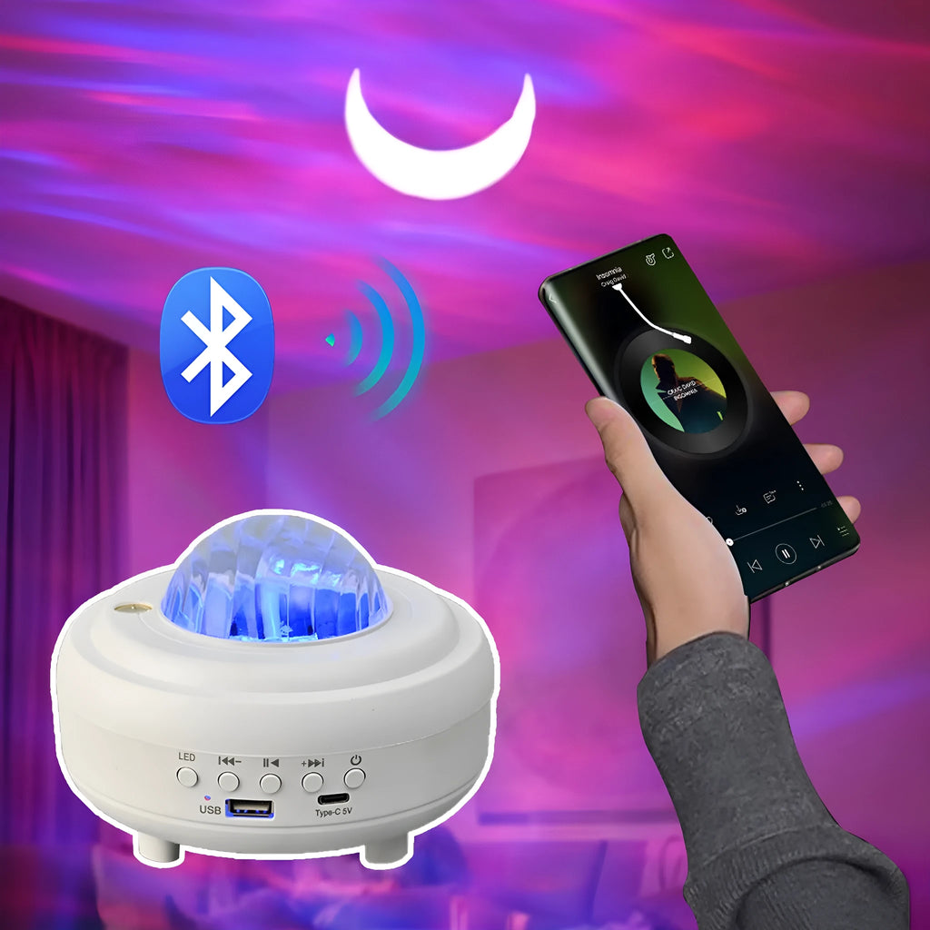 White Galaxy Star Projector night lamp showing star projection on wall and ceiling
