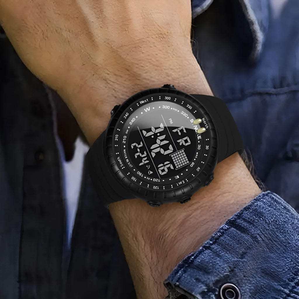 Black men's outdoor electronic watch with 54.74mm plastic case and PU strap WR50M waterproof