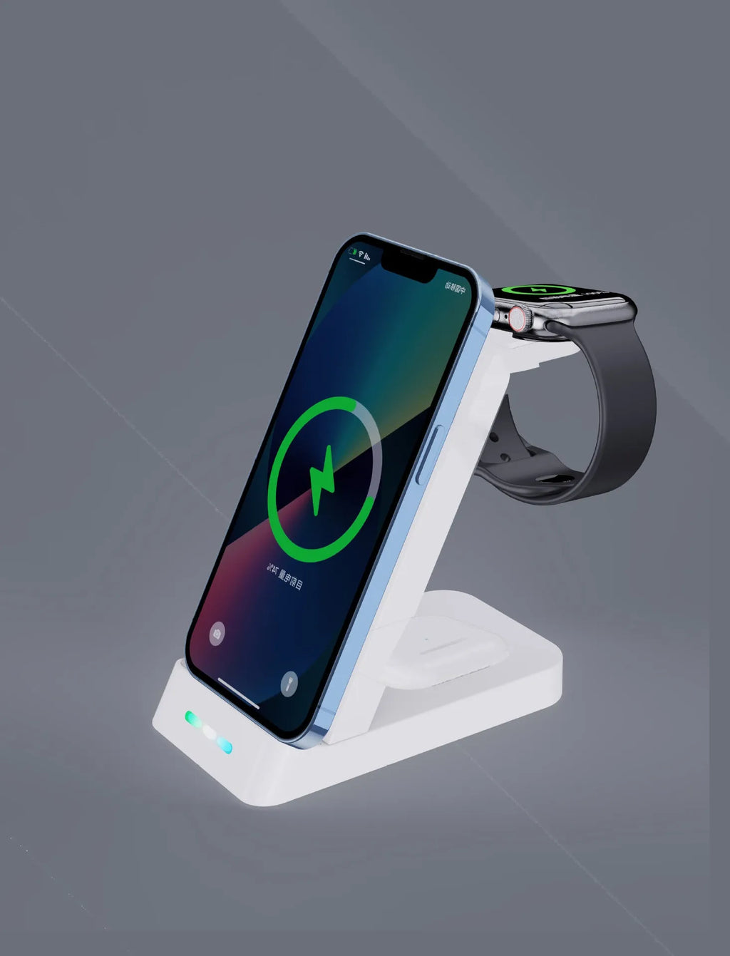 Black and white 3-in-1 wireless charging station for phone, watch, and AirPods on a desk