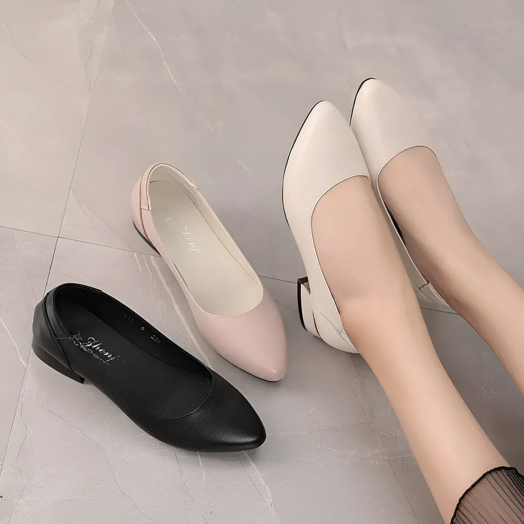 Women's beige first layer cowhide flat pointed low-cut shoe with buckle fastening and rubber sole, sizes 32-43