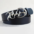 Casual silver buckle belt with PU leather strap showing snap button closure.