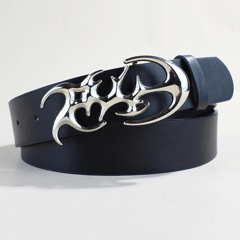 Casual silver buckle belt with PU leather strap showing snap button closure.