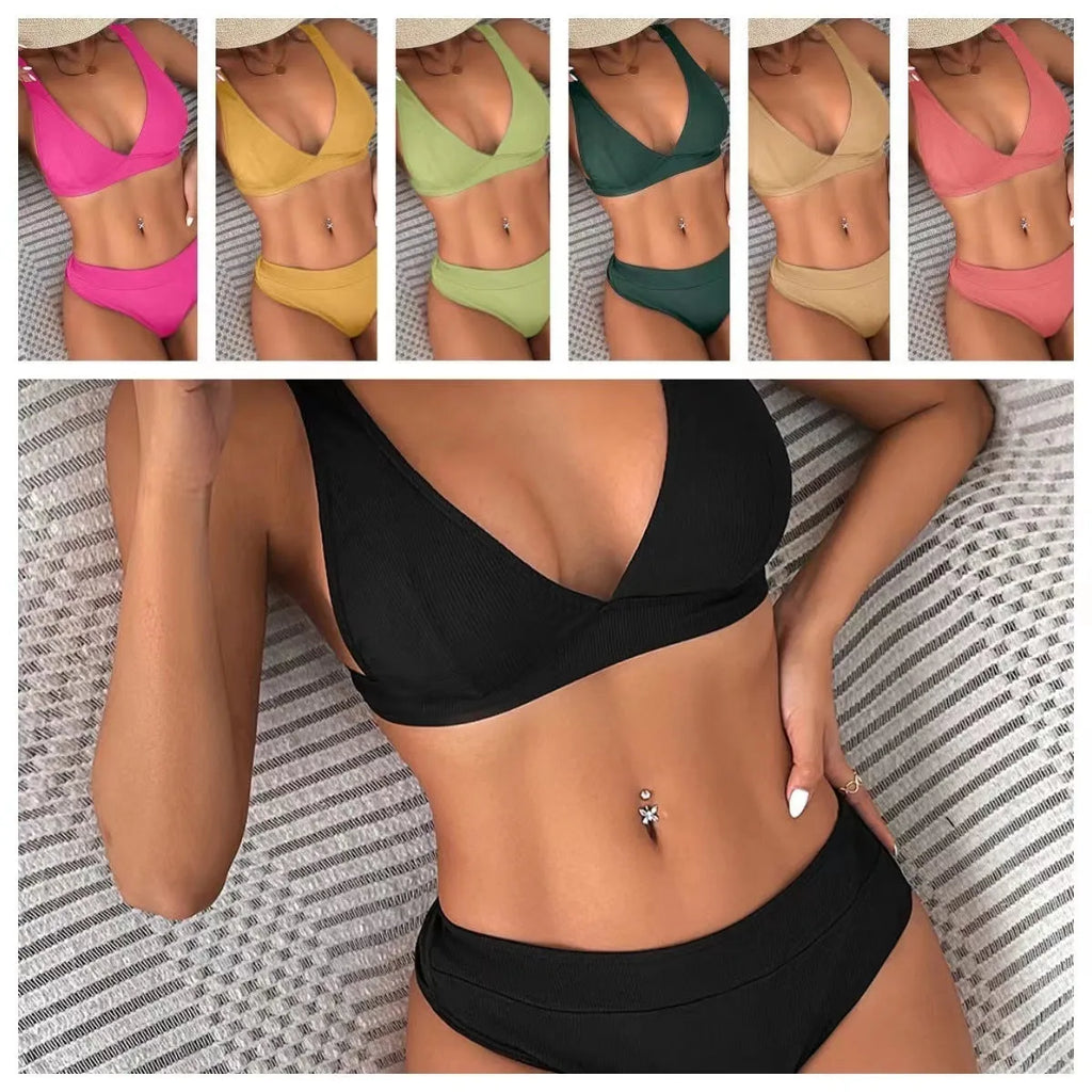 Women's black bikini set with rib lace-up front detail and split-style bottom.