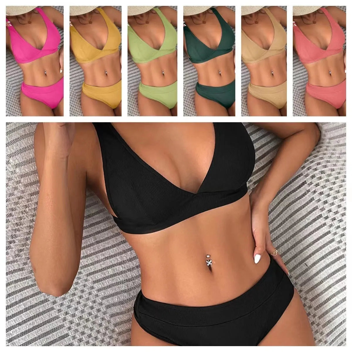 Women's black bikini set with rib lace-up front detail and split-style bottom.