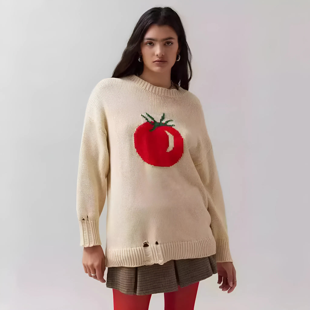 Milky white women's loose-fit pullover sweater with Jacquard knit texture on a hanger.