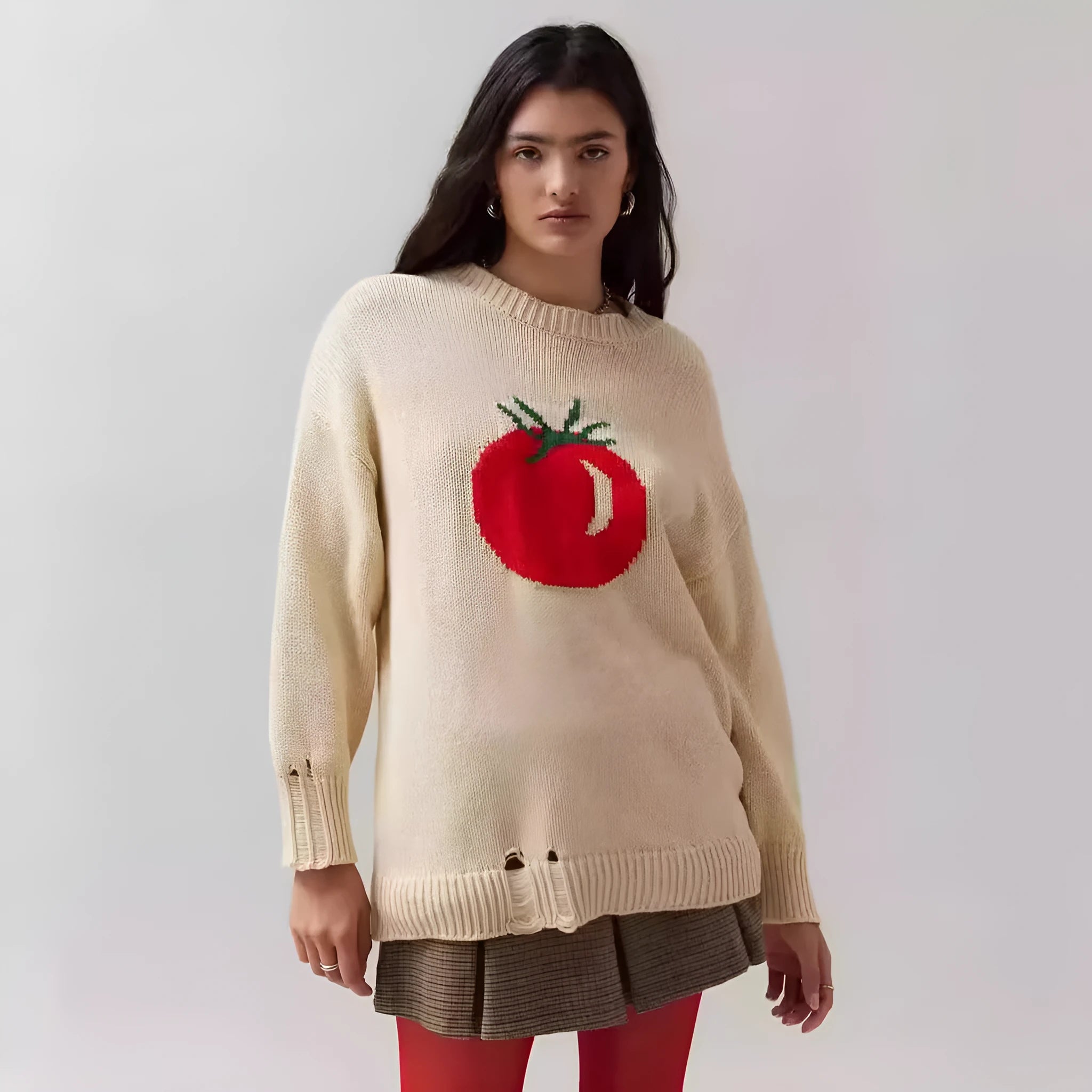 Milky white women's loose-fit pullover sweater with Jacquard knit texture on a hanger.