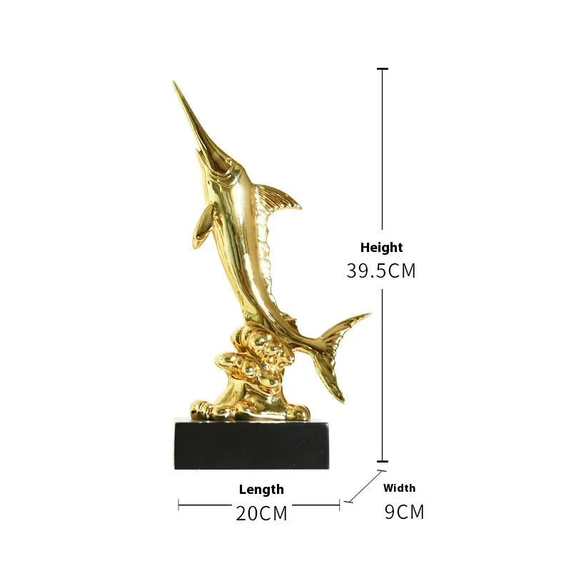 Detailed resin European swordfish decoration in a choice of four colours on a shelf.