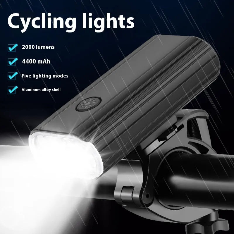 Silver aluminium alloy bicycle headlight showing USB Type-C charging port and six XPT lamp beads.