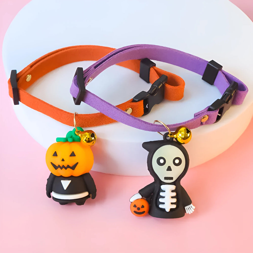 Halloween pet collar decoration with luminous patterns in polyester material showing size options from 16cm to 56cm